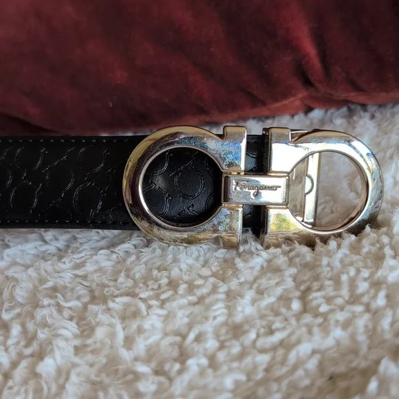 Salvatore Ferragamo Black Leather Belt with Gold Double Gancini Buckle